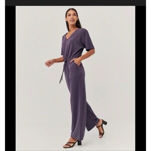 Pact Revive Organic Cotton Deep V Short Sleeve Drawstring Jumpsuit Purple Medium